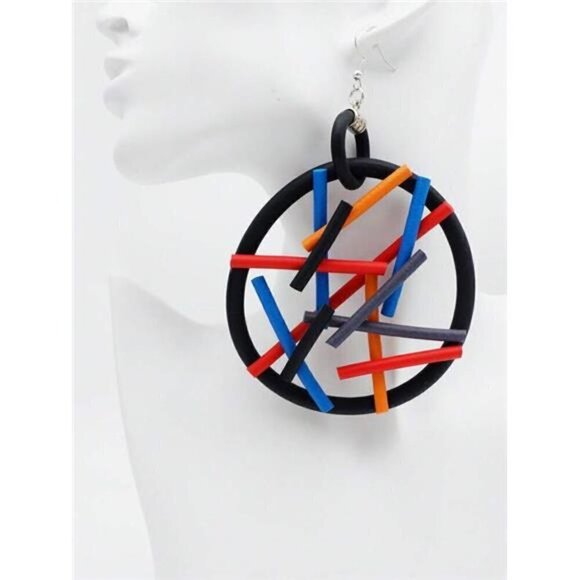 SPRINKLES and Funk Rubber Stick & Round Decor Hoop Drop Women's Earrings Black - Picture 1 of 5